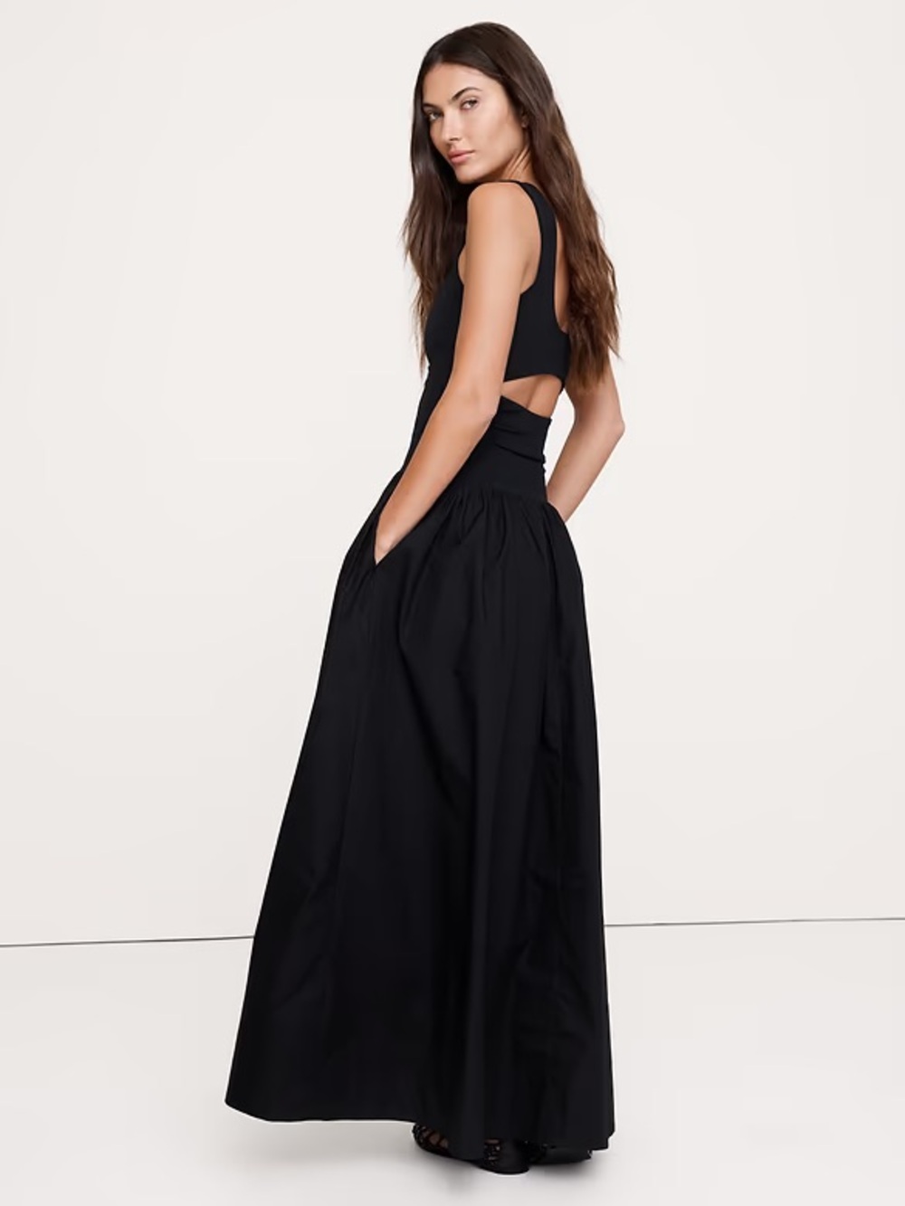 ISO SCULPTED-STRETCH + COTTON POPLIN MAXI DRESS- BLACK XS - Picture 2 of 2